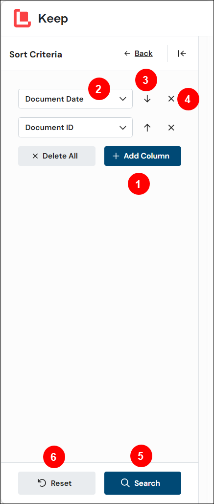 The Sort Criteria page of a search configuration in Keep.